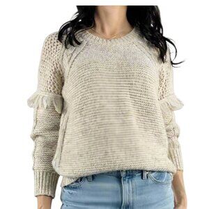 Heartloom Cream Fringe Sleeve Cable Knit Sweater Anthro Style Boho Cozy M Soft